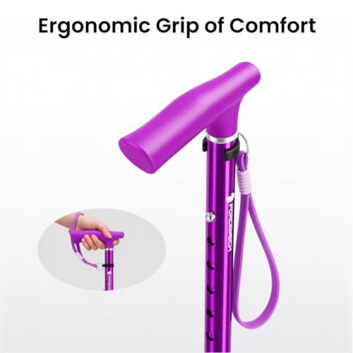 FORCEMECH GlowGuard Foldable Walking Cane for Men & Women, Adjustable Heavy Duty Cane with Glow Tip & Extra-Wide Tip - color: Gloss Purple
