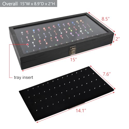 MOOCA Temper Glass Top Jewelry Display Case with Tempered Glass Lid and 54 Clip Body Jewelry Showcase Display Pad for Belly Button Rings, Tongue Rings, and Industrial Barbell Organizer, Black Color - color: Black Pad with Black Wood Case