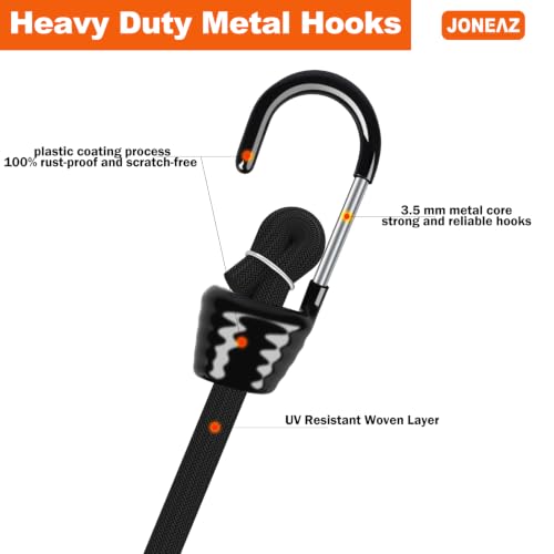 72" Jumbo Bungee Cords with Hooks, 10mm Thick 200lbs High Tension, Marine Grade UV Resistant Extra Long Straps for Kayaks, RVs and Outdoor Covers - color: Black, size: 72 inch
