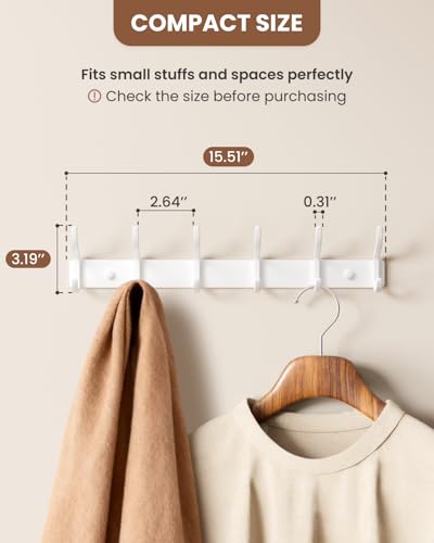 Wall Mounted Coat Rack (White, 1 Pack) - Aluminum 6-Hook Rack with Curved Hooks, Drill Installation, Holds Coats, Towels, and Bags, Ideal for Entryway or Office