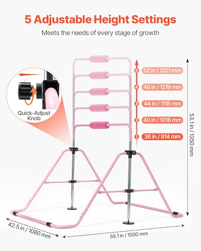 VEVOR Gymnastic Bars for Kids, 140 lbs Capacity Folding Training Kip Bar with Mat, 5 Adjustable Height Gymnastic Horizontal Bar Home, Training Equipment for Indoor Outdoor, Easy Assemble - color: Pink