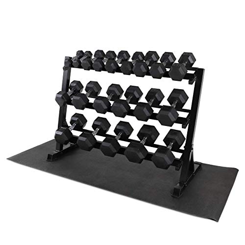 WF Athletic Supply Rubber Coated Hex Dumbbell Set, Multiple Choices Available - Dumbbells with Rack Stand and Mat, or Dumbbells Only (200/550/1200/2100/3000 LB) - color: e. 5 - 50LB w/ 3-tier Rack and Mat