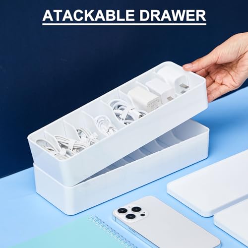 Tatuo 2 Pcs Cord Organizer for Drawer Desktop, Cable Organizer Box with 8 Compartments and Wire Ties, Plastic Charger Storage with Lid, Electronics Case for Home Office Accessories (Small,White) - color: White