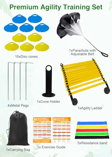 Hands Free Speed Agility Training Equipment Set - 20ft Agility Ladder, 10 Disc Cones, Resistance Parachute, 5 Resistance Bands & Carry Bag | Football Soccer Basketball Fitness Drills - color: Warm Yellow