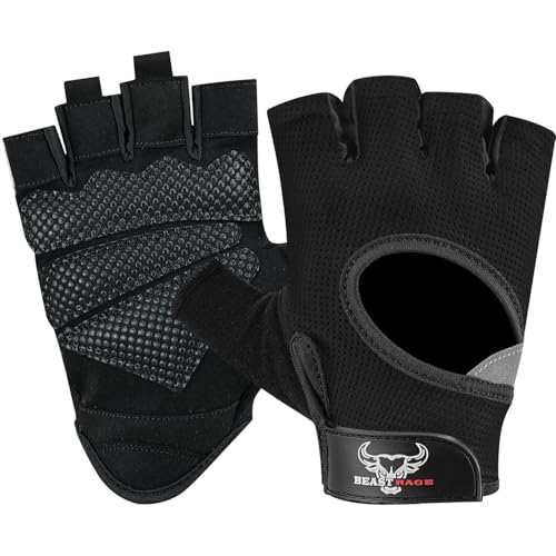 BEAST RAGE Fingerless Weight Lifting Gloves with Palm Protection Padding, Breathable Lightweight Gym Gloves for Men, Women, Weightlifting, Cycling, Exercise, Training Pull Up - color: Black, size: Large