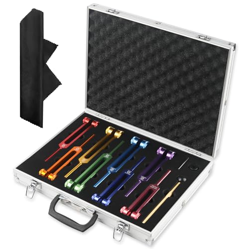 Tuning Fork Healing Set of 8 Colors (126.22Hz, 136.1Hz, 141.27Hz, 172.06Hz, 194.18Hz, 210.42Hz, 221.23Hz, 272.2Hz), Sound Therapy Aluminum Chakra Forks with Reflex Hammer, and Exquisite Package - color: 8 Pcs - Multicolor