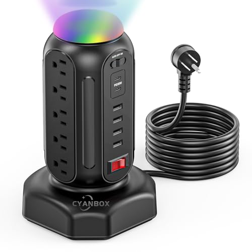 Multiple Outlets Surge Protector, PD 30W Fast Charging Power Strip Tower with RGB Night Light, 15 AC Outlets Power Tower, 2 Type C and 4 USB Ports, 6.5FT Retractable Extension Cord Charging Station - color: Black -PD 30W