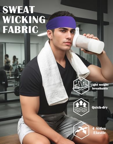 Headbands for Men & Women, Sweat Headband Non-Slip Sweatband Sports Running Cycling Yoga Basketball Workout Football Training - color: Purple Pack