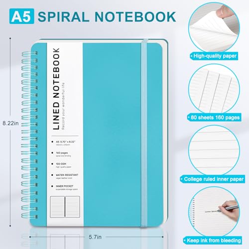 Lined Spiral Journal Notebook with 160 Pages, 8×5.7in, A5 Spiral Notebook, Journaling Notebooks for Work, School, Women, Men, College Ruled Spiral Notebook, Hardcover Leather Journals, Light Blue - color: Light Blue, size: A5