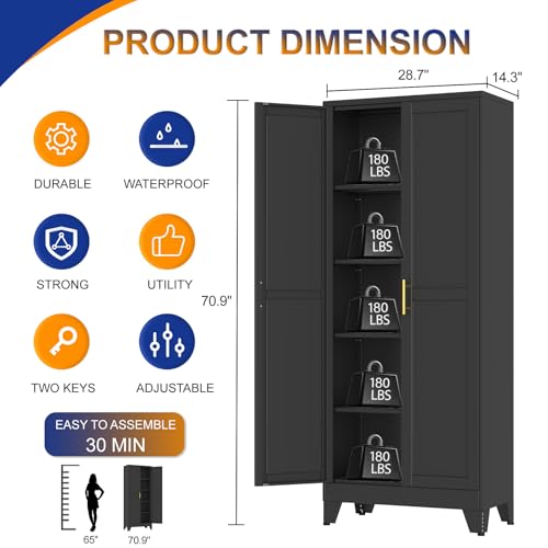 Metal Storage Cabinet with 2 Doors and 4 Adjustable Shelves - 71" Steel File Cabinet,Tool Cabinets for Office,Home,Garage,Gym,School (Black) - color: Black, size: 71H