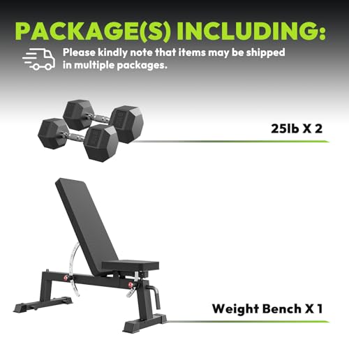 HANDBODE Adjustable Weight Bench for Full Body Workout, 1500 LBS Weight Capacity Bench Press Bench of Home Gym Strength Training, Incline Upright Flat Utility Workout Bench with Fast Adjustment - color: 1300 lb Weight Bench & 2 X 25 lb dumbbells