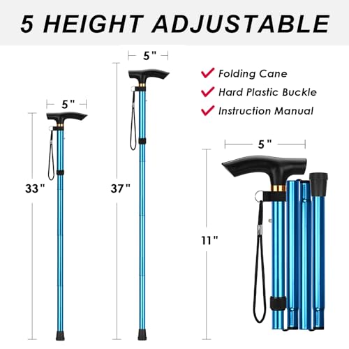 Walking Cane, Folding Cane for Man & Women, Portable Lightweight | 5-Level Adjustable Height, Collapsible Cane for Seniors Balancing Mobility Aid - color: Blue