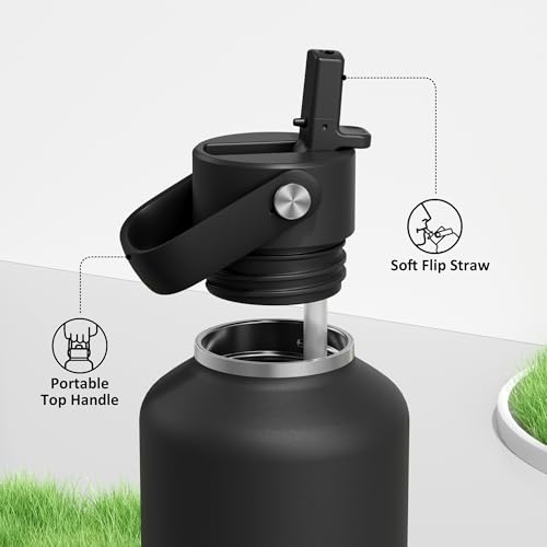 POWCAN 32 oz Insulated Water Bottle with Straw: Leakproof, Top Handle, Keep Cold 24H, BPA-Free, Double Wall Stainless Steel Water Bottle for Travel, Sport, Gym, Outdoors, Camping (Midnight Black) - color: Midnight Black, size: 32 Ounces