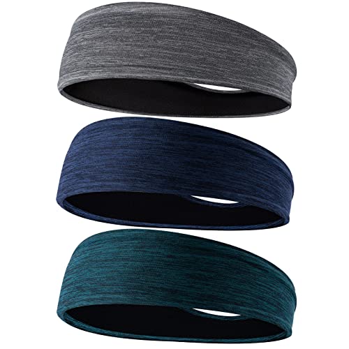 Braylin Men's Headbands, 3-Pack Head Band for Men, Sport Sweatbands for Running Fitness Yoga Cycling, Sweat Wicking Non Slip - color: 02.3Pcs Dark Green/Black+Gray/Black+Dark Blue/Black