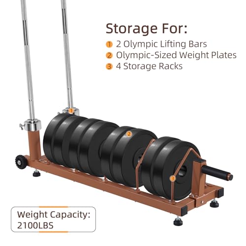 42''L x 13.6''W x 5.1''H Horizontal Weight Plates Rack Olympic Bar Storage Rack Organizer with Handle and Rolling Wheels Brown