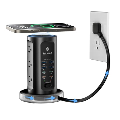 Kakyanill 115W USB Charging Station, Power Strip Tower with 9 AC 8 USB | 6Ft Flat Plug Retractable Extension Cord, for Home Office Dorm, Black - color: Black&Orange
