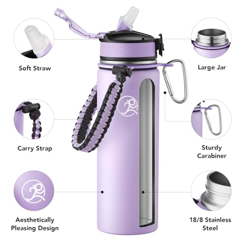 GOSWAG 24oz Insulated Stainless Steel Travel Water Bottle, 2 Lids | with straw and no straw, Paracord handle, Double-wall vacuum keeps drinks cold or hot, Leakproof tumbler - color: Matte Lilac