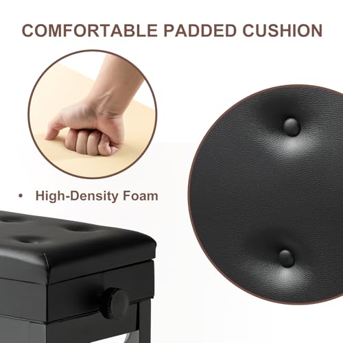 Adjustable Height Piano Bench Stool PU Leather Cushion Wooden Keyboard Seat with Music Storage (Black) - color: Black