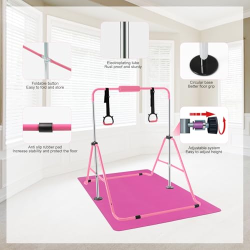 YEEGO DIRECT Gymnastics Bar for Girls Boys (A-G-E-S 3-10) with Rings, Folding Gymnastics Bars Horizontal Bar, Expandable for Home Training Gifts for Girls Boys - color: Pink & Black