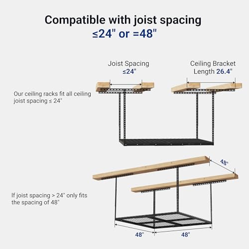 FLEXIMOUNTS 4x4 Overhead Garage Storage Rack, Adjustable Organization System, Heavy-Duty Metal Ceiling Racks, 350lbs Weight Capacity, Black, Classic Series - color: Black, size: 4x4 ft