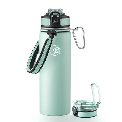 GOSWAG 24oz Insulated Stainless Steel Travel Water Bottle, 2 Lids | with straw and no straw, Paracord handle, Double-wall vacuum keeps drinks cold or hot, Leakproof tumbler - color: Matte Mint