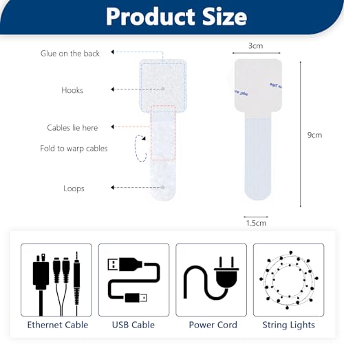 Abnii 50 PCS Hook and Loop Cable Ties, Under Desk Cable Management, White | Self Adhesive Cable Clips Straps, Sticky-Back Cord Organizer, Wire Organizer for TV PC Laptop Ethernet Desktop - color: White