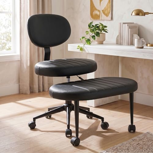 Cross Legged Office Chair with Wheels, 360 Swivel Height-Adjustable Meditation Chair with Lumbar Support, PU Leather, Black - color: Black, size: Oval Back