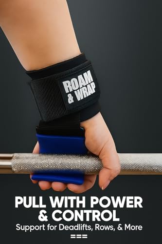 Roam & Wrap -Premium Weight Lifting Hooks for Deadlifts, Pull-Ups & Shrugs – Thick Neoprene Padding, Non-Slip Grip, Heavy Duty Wrist Support + Free 50ml Liquid Chalk - color: Blue
