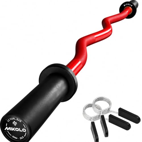 Mikolo EZ Curl Bar, 2 Inch Olympic Curl Bar for Biceps and Triceps, 47” Curling Bar with Knurled Grip, 700LB Barbell Bar with Multi-Angle Wrist-Friendly Design - color: Red - EZ Curl Bar - Bar Only