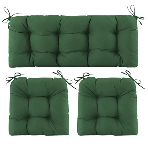 Wicker Chair Cushions of 3 Pieces, Waterproof Cushions for Patio Furniture, Tufted Wicker Outdoor Furniture Cushions, 1 Patio Loveseat Cushion and 2 U-Shaped Cushions, 44"x19"x5", Dark Green - color: Dark Green