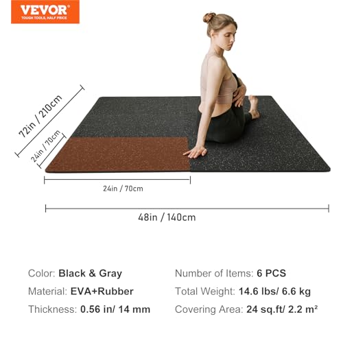 VEVOR 0.56Inch 24sq.ft 6 Tiles Gym Flooring for Home Gym, Rubber Top with High Density EVA Foam, 25 x 25In Gym Floor Exercise Equipment Mats, Interlocking Gym Mats, Puzzle Workout Mats, Black & Gray | Rubber Top with High Density EVA Foam, 25 x 25 in Floo