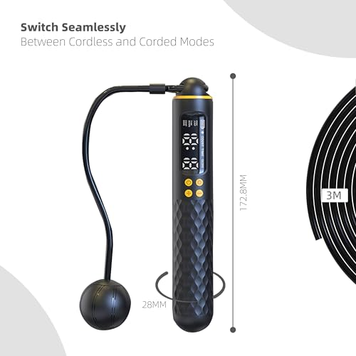 Smart Jump Rope with Counter – 2 in 1 Corded & Cordless Skipping Rope with HD Display, Type-C Rechargeable, Adjustable Length, Weighted Handles for Fitness, Workout, Cardio, Home Gym - color: BLACK