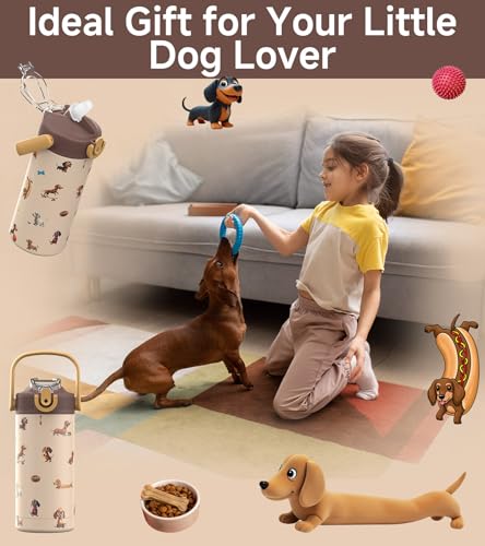 MYFOREST 14oz/400ml Insulated Kids Water Bottle, Odor-free Liner, 3D Touch | No Plastic Taste, Surgical Steel - No Chemical Leaching, Name Spot, Soft Sipper, Gift for Dog Person, Beige. Dachshunds - color: Beige. Dachshunds