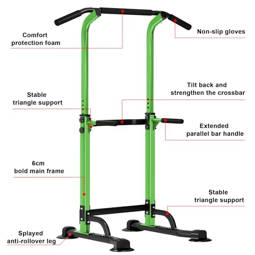 SogesHome Power Tower Pull Up Bar and Dip Station, Height Adjustable Dip Stand Exercise Machine for Home Gym, Multi-Functional Free Standing Strength Training Fitness Workout Station - color: Green