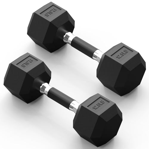 PAPABABE Hex Dumbbell Set 2.5-100lb, Rubber Grip Dumbbells, Home Gym | Complete & Durable Cast Iron Core Odorless Antiroll Hex Shape Ergonomic Versatile Home Gym Comfort Non-Slip Grip - size: 12.5 lb, Pair, style: Rubber Grip