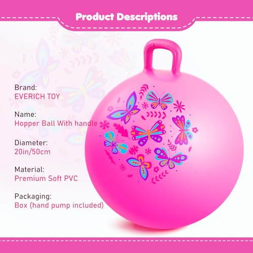 Hopper Ball, Pink Butterfly Hopping Toys for Kids, 20 Inch Bouncy Ball with Handle, Indoor Outdoor Inflatable Hippity Hop Toy for Girls Boys Gift with Free Pump - color: Pink butterfly, size: Age:7-12(20''/50cm)