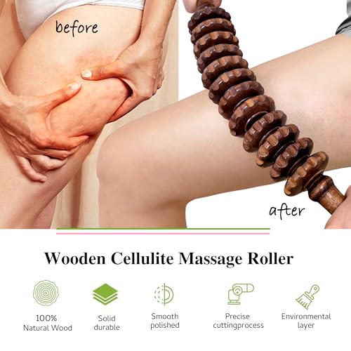 Wooden Curved Handheld Roller Stick Massager - 12 Rollers Wood Therapy Tool for Trigger Point, Fascia & Cellulite Reduction, Lymphatic Drainage, Muscle Tension Relief & Body Shaping (Brown) - color: Brown Curved-12 Rollers