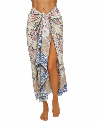 100% Cotton Hand Block Print Pareo Sarong Swimsuit Wrap Skirt Cover Up Long Women’s Apparel Fabric Beach Bikni (73" x 44") - color: White 2