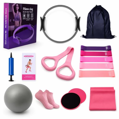 Pilates Kit, 17-in-1 Home Pilates Equipment Workout Set for Women – 14.5" Pilates Ring, TPE Gradient Resistance Bands, Yoga Ball,Heart-Shaped Resistance Band & Grip Socks with Backpack