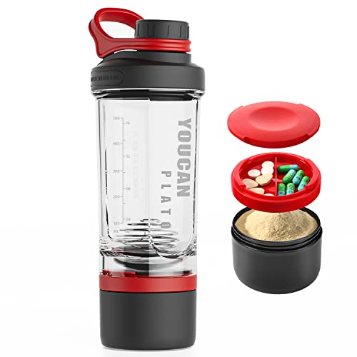 21oz Protein Shaker Bottle with Powder Storage Container-Shaker Cups for Protein Shakes-pre workout bottle-Mixer Cup-Gym Sport Water Bottle -Made with Tritan BPA Free,with Wire Whisk Balls,Red - color: Red