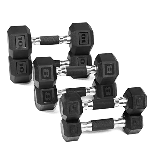 WF Athletic Supply Rubber Encased Hex Dumbbells with Rubber Grip Contoured Handle for Muscle Toning, Strength Building & Full Body Workout - color: m. 5LB, 8LB and 10LB Pair (Totally 46LB)