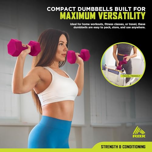 RBX Vinyl Coated Hand Weight Dumbbell Set - Hex Shaped, Roll Free for Body Building/Sculpting/Strength Training Exercise, (Set of 2) - color: Raspberry, size: 2lb