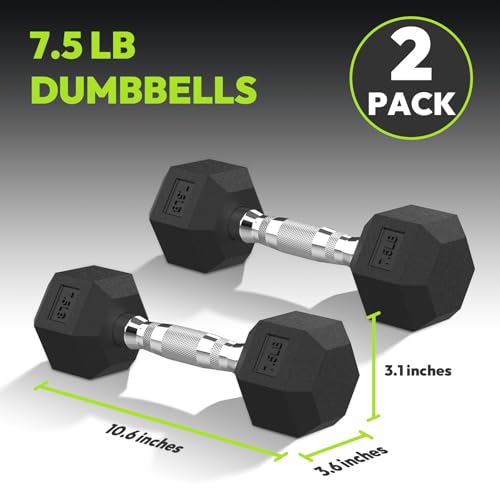 HANDBODE Hex Dumbbell Set of 2, Rubber Encased Fixed Dumbbells, 2.5-65 lb | Non-Slip Comfortable Handles, Hand Weights for Strength Training, Ideal for Home Gym Workouts - size: 7.5 Lb, Pair, style: Chrome Handle