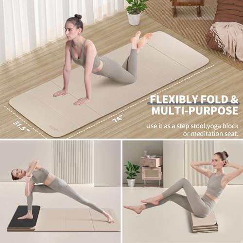 Foldable Yoga Mat Extra Large 74"×31.5" | Double-Sided Non-Slip,Extra Wide Foldable Design,8mm Extra Thick,Exercise Mat for Home, Studio and Travel Use - color: Beige+Black
