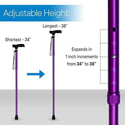 RMS Folding Cane - Foldable Walking Cane with Adjustable Height - Collapsible and Lightweight - Soft Ergonomic Handle for Comfortable Grip - Portable Walking Stick for Mobility Aid - color: Lavender