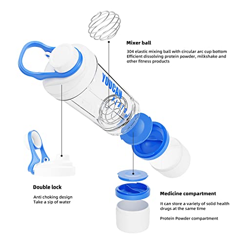 21oz Protein Shaker Bottle with Powder Storage Container-Shaker Cups for Protein Shakes-pre workout bottle-Mixer Cup-Gym Sport Water Bottle -Made with Tritan BPA Free,with Wire Whisk Balls (Blue) - color: Blue
