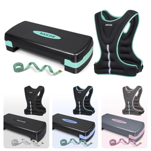 SAKAE Aerobics Step Platform Set with Weighted Vest & Measuring Tape, Adjustable Height 2 Level Risers Workout Step Trainer with Non-Slip Surface, Step Platform for Home Exercise, Multiple Colors - color: Green