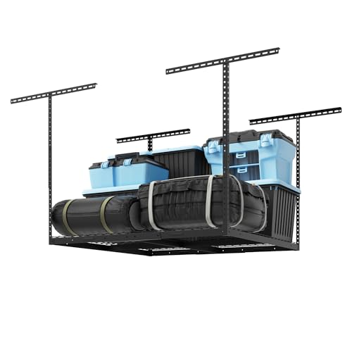 FLEXIMOUNTS 4x4 Overhead Garage Storage Rack, Adjustable Organization System, Heavy-Duty Metal Ceiling Racks, 350lbs Weight Capacity, Black, Classic Series - color: Black, size: 4x4 ft