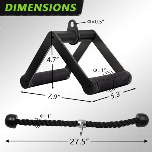 Double D Row Handle Cable Attachment for Weight Workout, Steel with Non-Slip Rubber Grip (Black) - color: Black Tricep Rope & Double D Handle