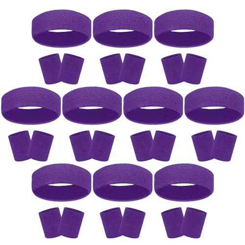 30 Pcs Sweatbands Wristbands Set Absorbent Terry Cloth Headbands Wristbands Neon Color Striped 80s Athletic Sweatbands for Sports Gym Exercise - color: Purple
